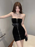 Girlary Women Sequin Zipper Strapless Dresses Short Summer Slim Waist Double Belt Mini Dress Sexy Evening Party Vestidos