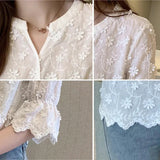 Girlary Summer New Elegant Lace Shirt Woman Casual White Embroidery Floral Ladies Tops Fashion New Short Sleeve Blouse Women Blusas