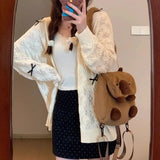 Girlary Cardigan Sweater Woman Kawaii Bow Hollow Out Knitted Tops Korean Fashion Sweet Preppy Cute Aesthetic Solid