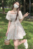 Girlary Summer Korean Fresh Pleated New Vestidos Square Neck Floral Puff Dress for Women Short Slim Waist Flower Bud Dresses