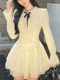 Girlary French Elegant Lace Mini Dress Women Autumn Turn-down Collar Lace-up Bow Long Sleeve Slim Waist A-line Pleated Vintage Mujer