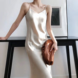 Girlary White Satin Party Dress Sexy Sleeveless Women Casual Holiday Solid Elegant Chic Dress Club Outfit Summer Long Dresses