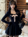 Girlary Winter Korean Fashion Square Neck Black Dress Women Autumn Design Long Sleeve Bow Knit Dresses Elegant Chic Slim Thin Dress New