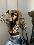 Girlary cute winter outfits Korean Retro Fur Collar Leopard Print Hooded Knit Cardigan Women's Y2K Autumn And Winter New Harajuku Niche Casual Joker Coat