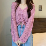 Girlary Korean Simple Hollow Out Drawstring Knit Sweaters Women Spring Summer Solid V-Neck Lace Up Sweet and Spicy Sexy Design Short Top