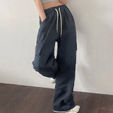 Girlary Korean Chic Summer Vintage Women Pantshigh Waist Lace Up Large Pocket Loose Wide Leg Pants Loose Casual Cargo Pants Women