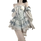 Girlary French Romantic Style Lolita Opal Elegant Girl Cosplay Princess Puffy Sleeve Bowknot Flower Tunic Mesh Fantasy Fairytale Dresses