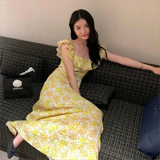 Girlary 2024 Vintage Floral Midi Dress Women Sweet Print Square Neck A Line Dresses Korean Vacation Yellow Flying Sleeves Slim dress