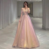 Girlary Sparkly Pink Evening Dresses Off Shoulder Beading Sweetheart A Line Tulle Strapless Ceremony High-end Party Prom Gowns For Woman