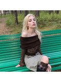 Girlary Woman Cashmere T-Shirts Lace Crochet Jacquard Top Slash Neck Crop Long Sleeve Top Tees Vintage Tops Fashion Design Tide Y2k