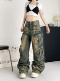 Girlary American New Fashion Multi-pocket Street Overalls Jeans Female Y2K Harajuku Gothic Leisure Popluar Washing Old Wide Leg Pants