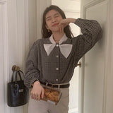 Girlary Spring Plaid Blouses Ribbon Chiffon Shirts Japanese Solid Color Slim Elegant Feminino Camisas Autumn