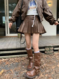 Girlary Vintage Y2k Leather Skirt Women Sexy Punk Pleated Skirt Brown Retro High Waist Fashion Streetwear A-line Mini Skirts