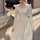 Girlary Knitted Dresses Women Sweet Elegant Lace Patchwork Long Sleeve Slim Stretch Basic Square Collar French Style Party Dress