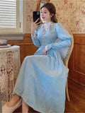 Girlary French Vintage Autumn Midi Dresses for Women Puff Sleeve Half High Collar Patchwork Lace A-line Retro Princess Dress Vestidos