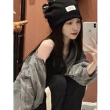 Girlary Y2k Grunge Cross Crop Grey Denim Jackets Women Hippie Streetwear 90s Oversize Zip Jackets Harajuku Kpop Coat Female