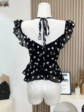 Girlary Summer 2024 New Design Women Polka Dot Butterfly Sleeve T-Shirts American Style Sexy Quality Halter Top Daily Cozy Gyaru Tees