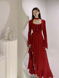 Girlary Spring Red Vintage Elegant Dress Women Flare Sleeve Designer Sweet Long Dress Female Ruffles Retro Princess Irregular Dress