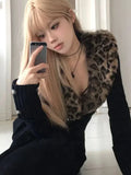 Girlary Leopard Cardigan Women Japanese Gyaru V-neck Long Sleeve Streetwear Slim Sexy Cardigan Sweater Y2k Vintage Top Autuam