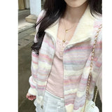 Girlary Autumn Chic Fashion Rainbow Striped Turn Down Collar Women Sweater Contrast Color Sweet Knitted Cardigan Tops Mujer