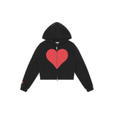 Girlary Harajuku Style Zipper Cropped Hoodies Women Grunge Black Heart Embroidery Hooded Sweatshirts Vintage Streetwear Y2k Top