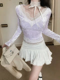 Girlary V-Neck Top Lace Chic Shirt Women Autumn Winter Retro Lace Splicing Long Sleeves Slim Short Y2k Party Club