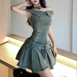 Girlary Denim Mini Dress Slash Neck Off The Shoulder Belt Streetwear Women Sexy Slim Korean Fashion Vintage Pleated Dresses Summer