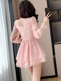 Girlary Women Pink Patchwork Chiffon Chic Ruffled Short Dress Spring Elegant Diamonds Kawaii Dress 2024 Korean Fashion Bodycon Vestidos