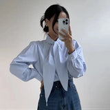 Girlary Korean Chic Spring Retro Standing Neck Bow Design Casual Versatile Long Sleeved Striped Shirt for Women Tops