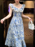 Girlary Sexy Korean Fairy Party Long Dress Women Summer Elegant Ruffles Floral Lace Dresses Female Fashion Chic 2024 Casual Clothing New