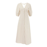 Girlary Elegant Beige Women Linen Dress Puff Sleeve Long Backless Button Dress Ladies V-Neck Cotton Dress Soft Fashion