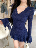 Girlary V-neck Rhinestone Solid Color Elegant Long-sleeved Dress Women Autumn New Korean Lace Splicing Sexy Slim Pleated Mini Dress