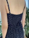 Girlary Floral Print Navy Sweet Midi Dress Women Summer Elastic Waist Back Lace-up Long Vestidos Casual Preppy Style Slim Tank Dresses