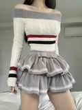 Girlary Autumn Vintage Preppy Style Knit 2 Piece Set Women Casual Off Shoulder Slim Sweater Tops + Bow Mini Skirt Sweet Fashion Suit New