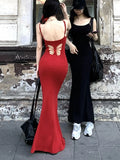 Girlary Sexy Bodycon Spaghetti Strap Long Dresses for Women Summer New Solid Hollow Out Y2K Solid Casual Backless Prom Robe Party Dress