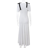 Girlary Elegant White Bow Maxi Dress for Women Fashion Puff Short Sleeve Slim Party Dresses 2024 Summer Holidays Party Draped Dress