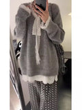 Girlary Women's Lace-up Grey Pullover Knitted Sweater Harajuku Y2k Long Sleeves V-Neck Sweater Jumper Vintage 2000s Aesthetic Clothes