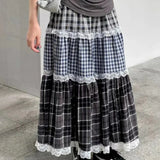 Girlary Vintage Harajuku Lace Plaid Skirt Women Preppy Style Long Skirts Autumn Winter Streetwear Retro A-line Ruffle Skirts