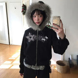 Girlary party look snspos Winter American Retro Fur Collar Hooded Zipper Cardigan Women's Y2K New Harajuku Gothic Slim Casual Joker Long-Sleeved Blouse