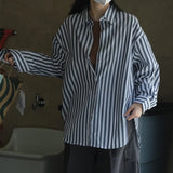 Girlary Spring Autumn Women's Casual Striped Lapel Long Sleeve Loose Shirt