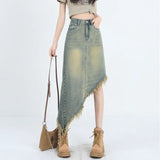 Girlary Raw Edge Women Midi Denim Skirt Spring Summer Korean Streetwear Fashion Irregular Distressed Straight A-line Skirt Shorts