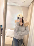 Girlary Autumn New Slim Zipper Jackets Y2k Long Sleeve Sweatshirts Vintage American Retro Fur Collar Hooded Cardigan Coat Women Spring