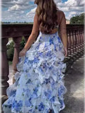 Girlary Spring and Summer New Shoulder Women's Fashion Chiffon Print Long Elegant Evening Dress