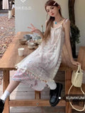 Girlary Sweet Boho Dress Women Summer Holiday Lace Floral Dresses Casual Vintage Spaghetti Strap Sleeveless Sundress