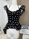 Girlary Summer 2024 New Design Women Polka Dot Butterfly Sleeve T-Shirts American Style Sexy Quality Halter Top Daily Cozy Gyaru Tees