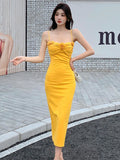 Girlary Tight Fitting Buttocks Elastic Waist Yellow Suspender Dress Women's Summer Vacation Style Long Dress New