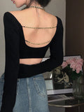 Girlary Black Y2k Crop Tops Women Backless Casual Long Sleeve Tees Pure Color T-shirts Office Lady Korean Knitted Bloused Female Sexy