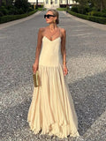 Girlary Elegant Beige Women's Pleated Sling Maxi Dress Chic v Neck off back spliced large hem Robe 2024 Fashion Lady High Streetwear