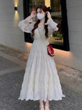 Girlary Spring and Autumn New Women's White Beach Dress Waist Pleated Holiday Long Sleeve Chiffon Dress