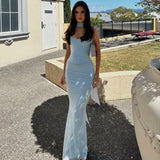 Girlary Elegant Maxi Wedding Guest Dress Set Sexy Strapless Blue Cropped Top Set Bodycon Holiday Party Dresses Women